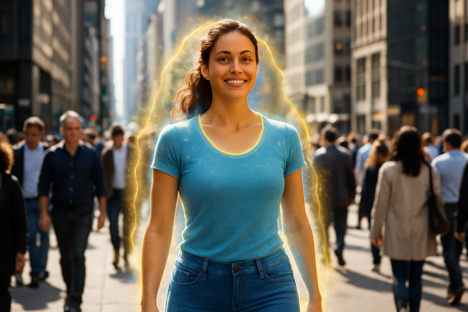 woman walking in crowded city scene with strong immune system