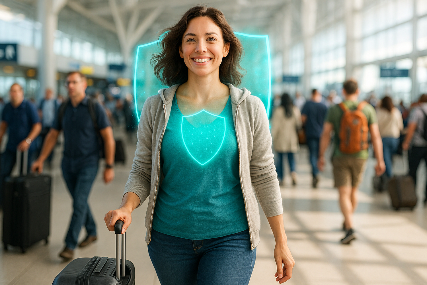 woman with healthy immune system walking through crowded airport