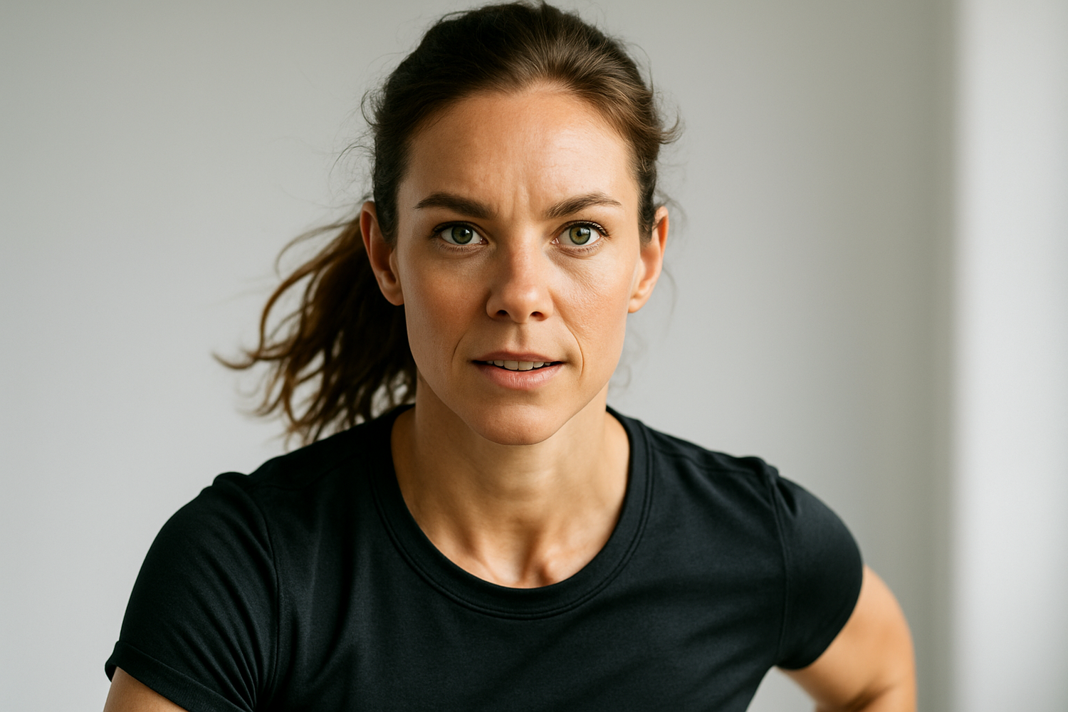 photorealistic of a woman who is energized and focused